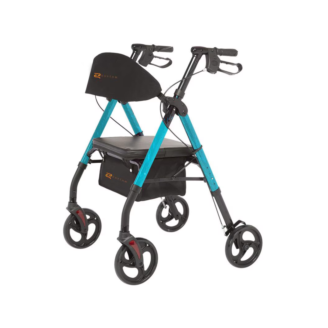 The Rhythm Royal Deluxe Universal 4-Wheel Rollator - Open Box, shown on a white background, features a blue and black aluminum frame, 8” wheels, hand brakes, a built-in seat, and a storage pouch beneath the seat.